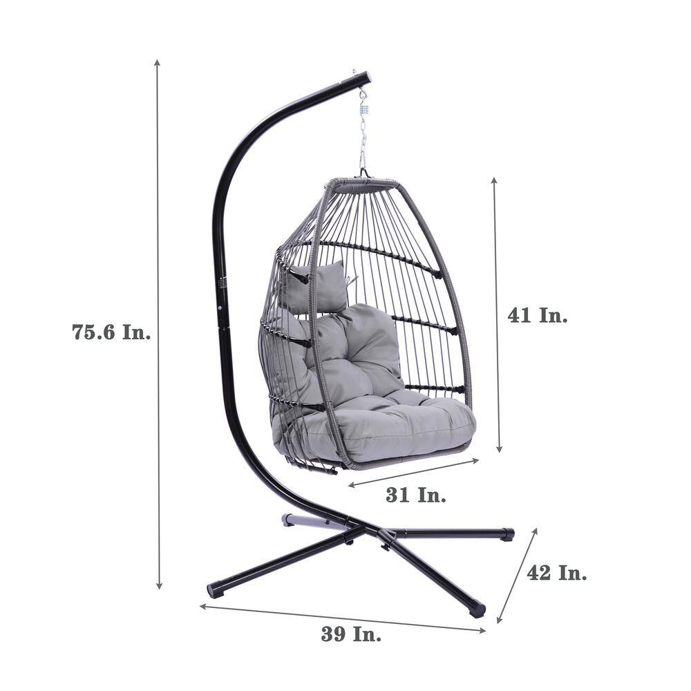 Anvil 3.5 ft. Outdoor Patio Free Standing Hanging Folding Egg Chair, Rattan Swing Hammock Chair with Cushion, Light Beige
