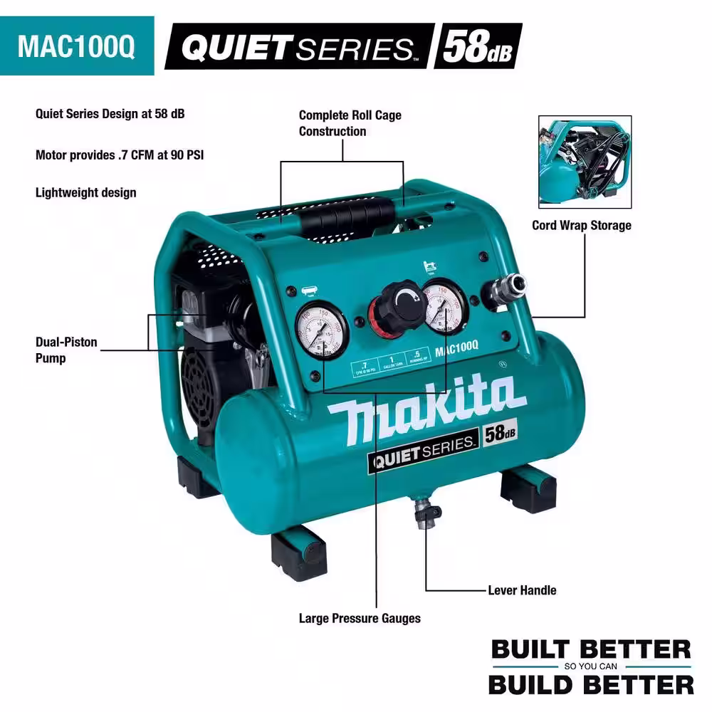 Makita 1 Gal. Quiet Series 0.5 HP Compact Oil-Free Electric Air Compressor with Bonus Pneumatic 2 in. 18-Gauge Brad Nailer