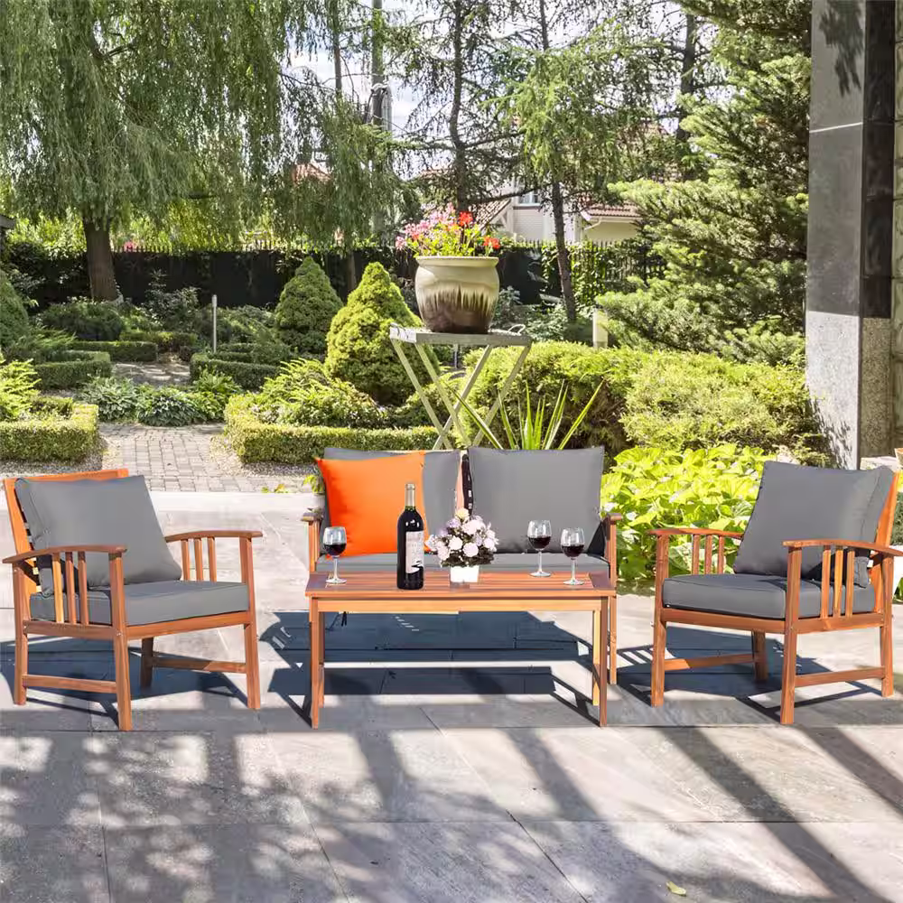 Costway 4-Piece Wood Wicker Patio Conversation Set with Gray Cushion