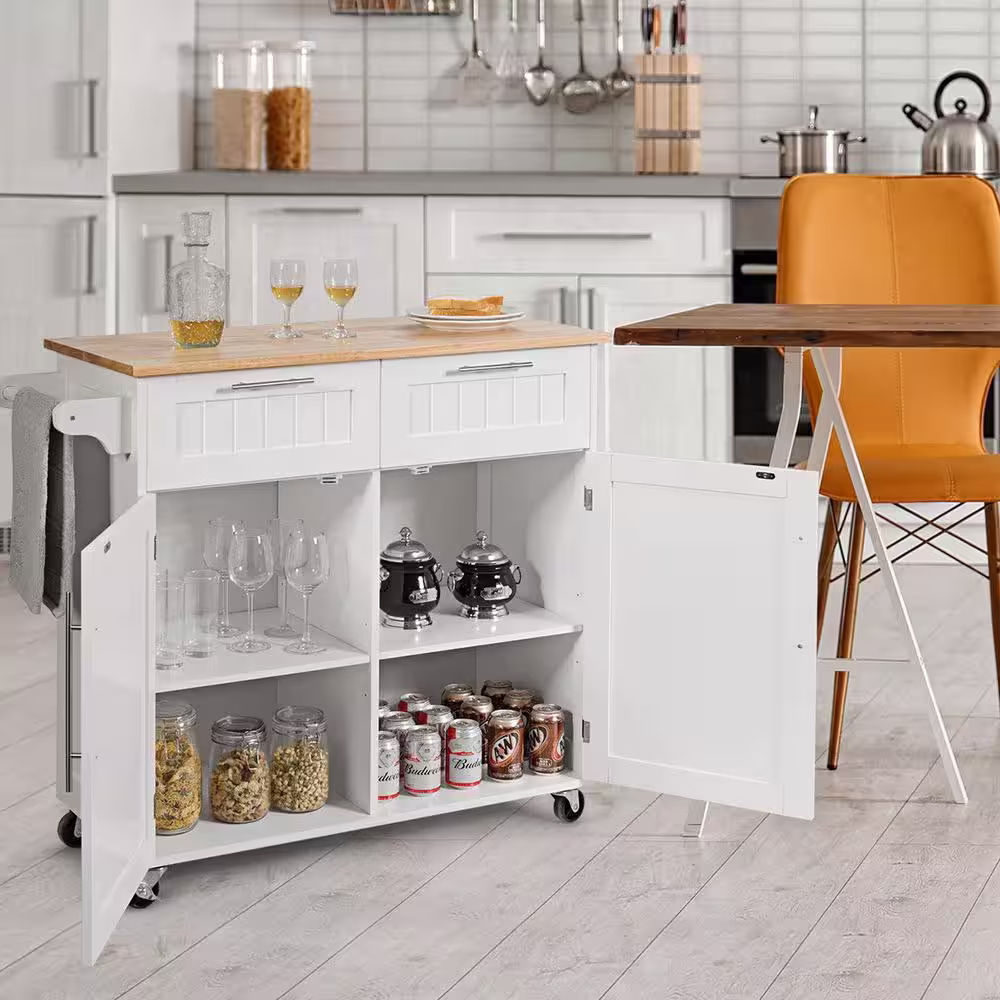 Bunpeony 37 in. W Heavy Duty White Rolling Kitchen Cart with Butcher Block Top and Double-Drawer Storage
