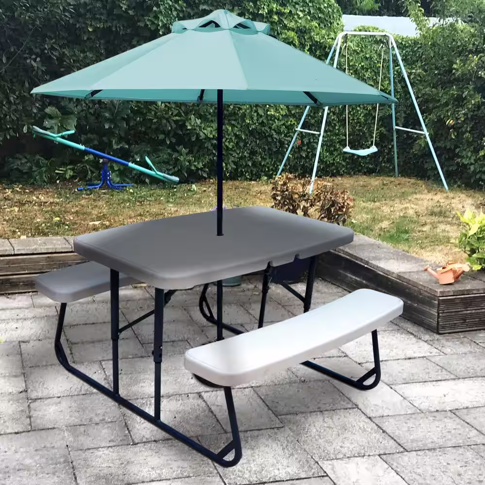 Plastic Development Group 3-Piece Plastic Development White Metal 2 Bench Kids Picnic Outdoor Table