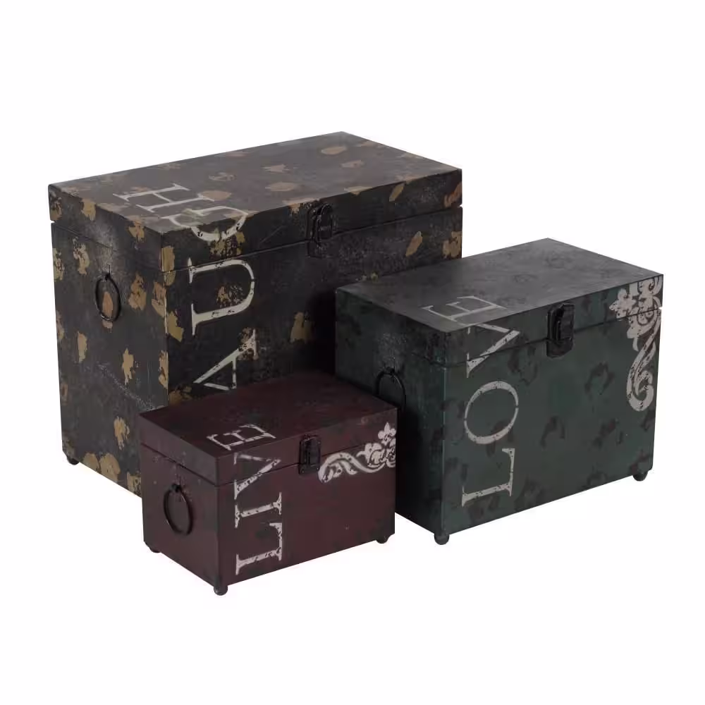 Litton Lane Rectangle Metal Live Love Laugh Box with Hinged Lid (Set of 3)