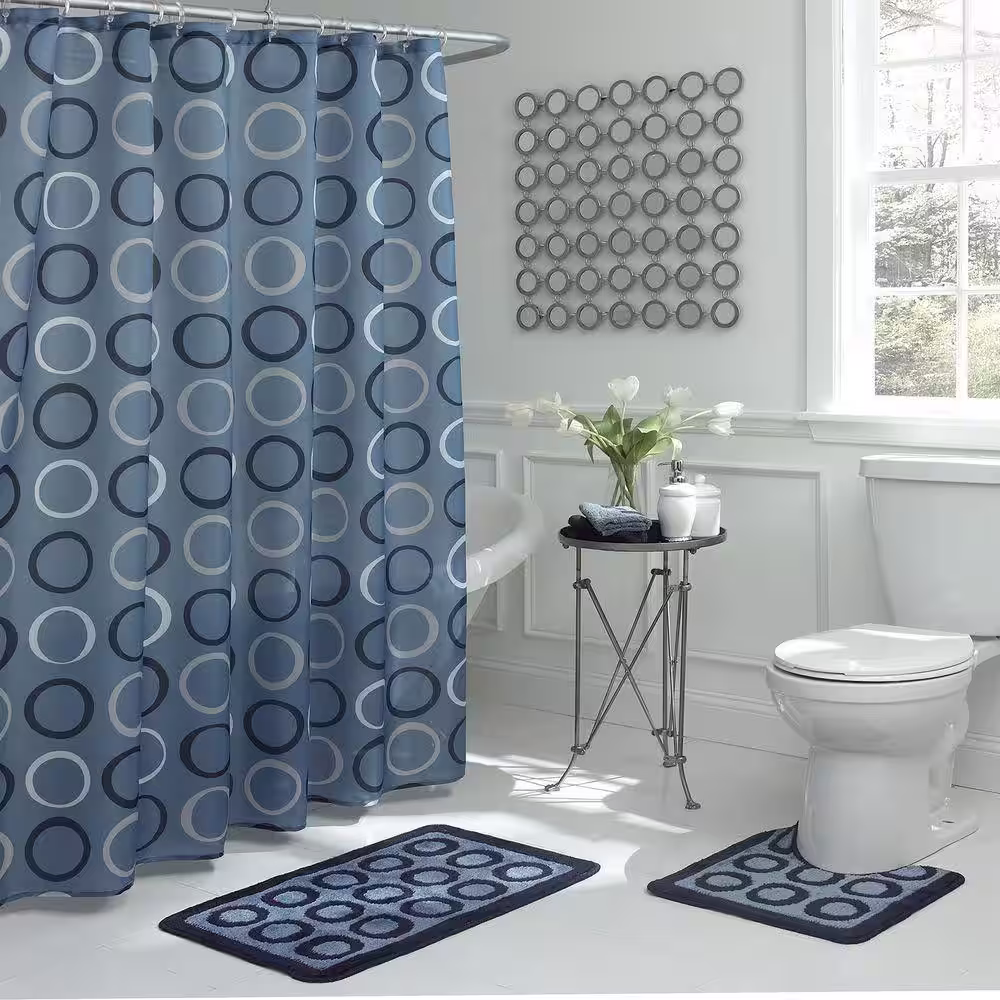 Bath Fusion Terrell Light Blue/Navy 15-Piece Bath Rug and Shower Curtain Set