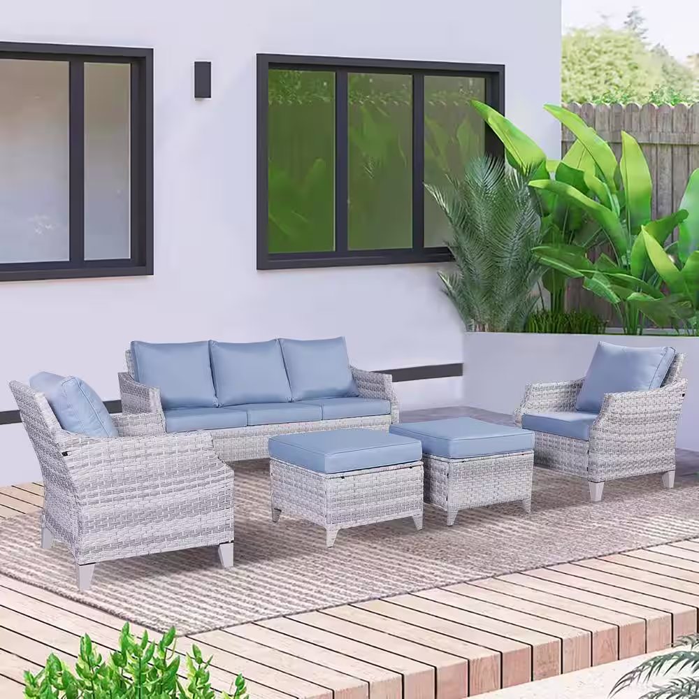 Gymojoy Canton Grey 5-Piece Wicker Patio Conversation Set with Baby Blue Cushions
