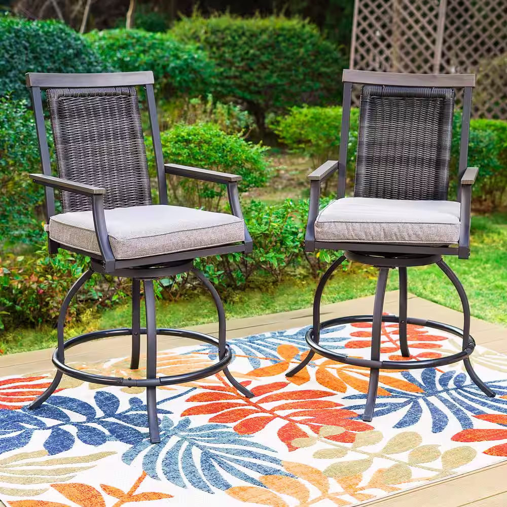 None 5-Piece Metal Square Outdoor Bistro Patio Bar Set with Slat Bar Table and Rattan Bistro Chairs with Gray Cushion