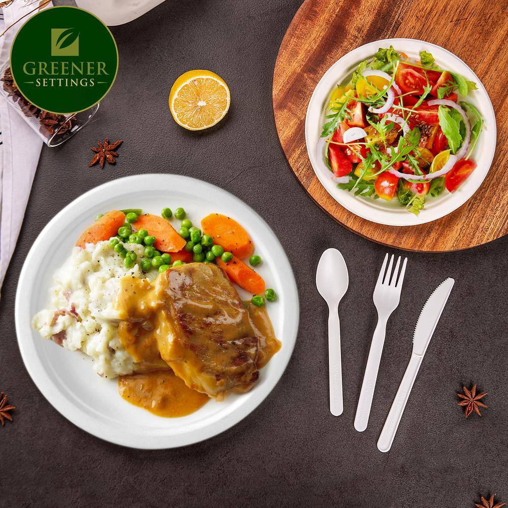 None 10/7 in. White Compostable Disposable Paper Plate Set Plus Cutlery [25 Guest Service]
