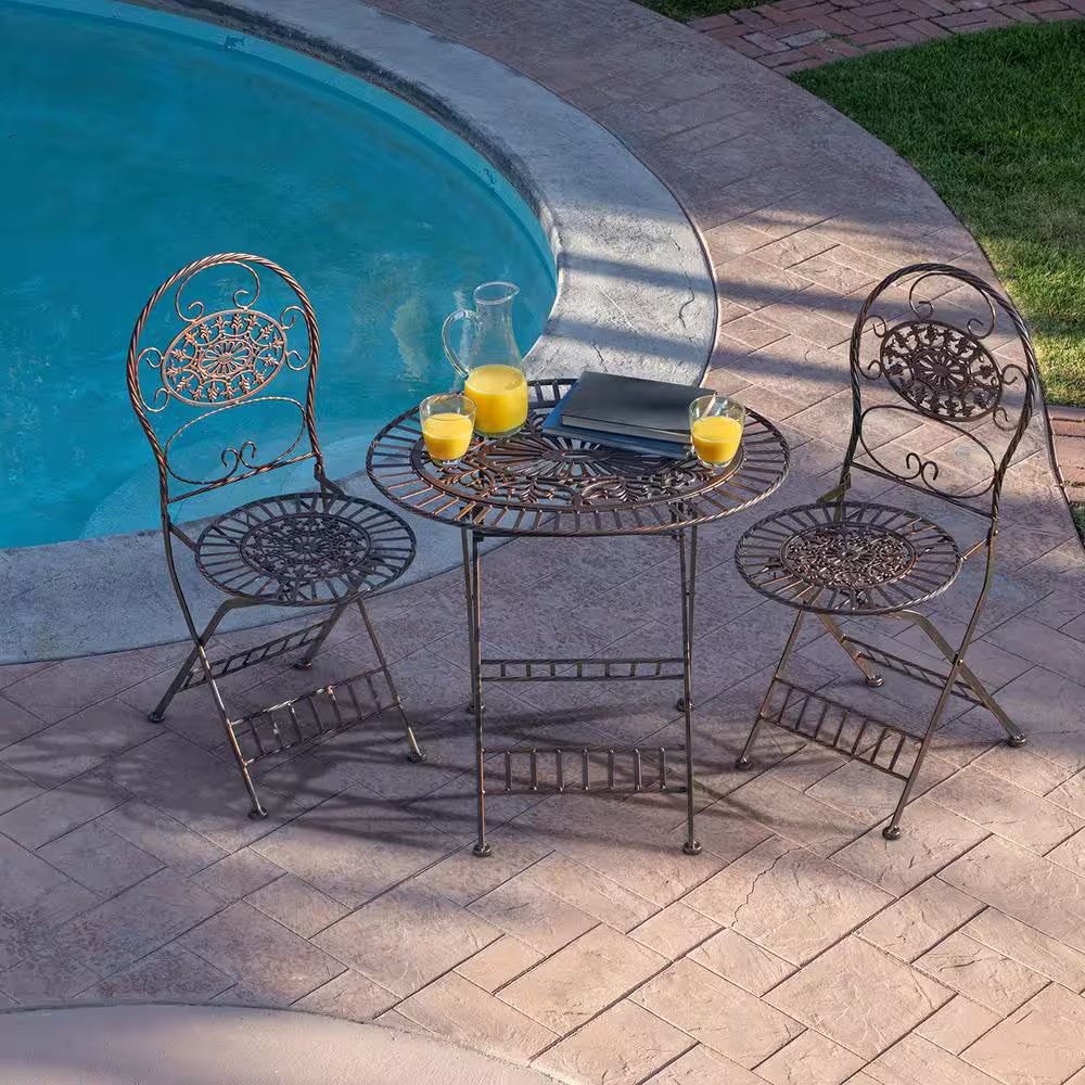 Alpine Corporation 3-Piece Indoor/Outdoor Oval Bistro Set Folding Table and Chairs Patio Seating, Bronze