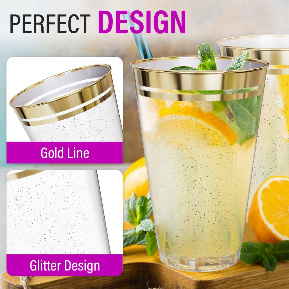 None 12 oz. 2-Line Gold Rim Gold Glitter Disposable Plastic Cups, Party, Cold Drinks, (100/Pack)