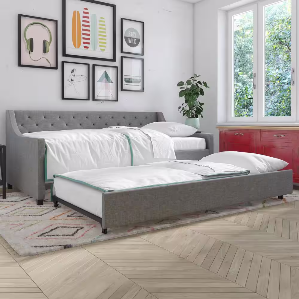 Novogratz Her Majesty Gray Linen Twin Daybed and Trundle