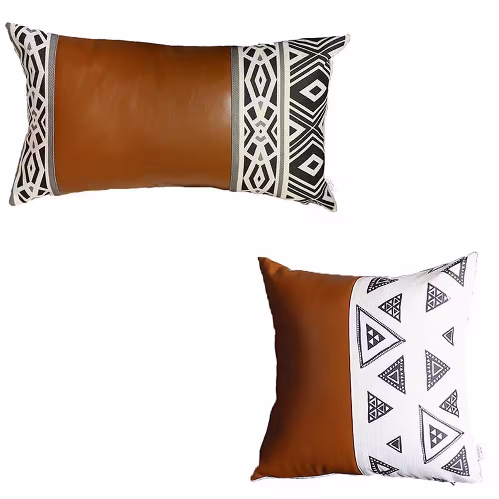 MIKE & Co. NEW YORK Brown Boho Handcrafted Vegan Faux Leather Mixed Abstract Geometric Throw Pillow Cover (Set of 2)